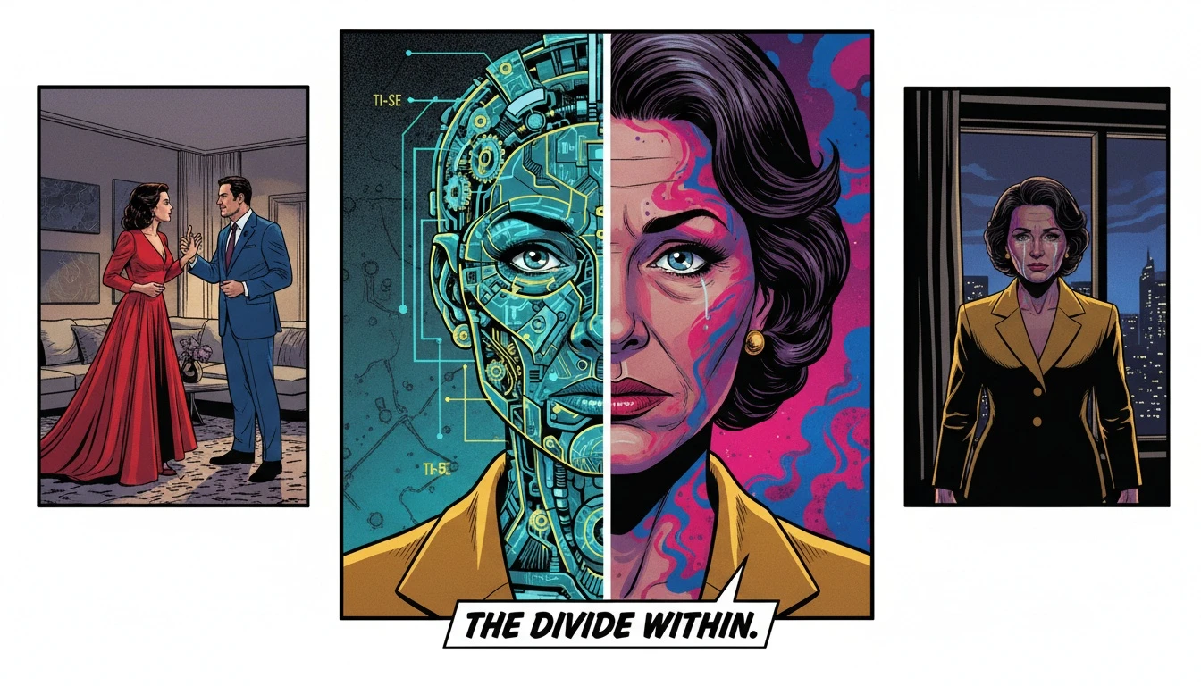 An artistic representation of common ISTP mistypes, showing a face split between a logical blueprint and an abstract pattern to symbolize cognitive function confusion. Filename: common-istp-mistypes-bestie-ai.webp