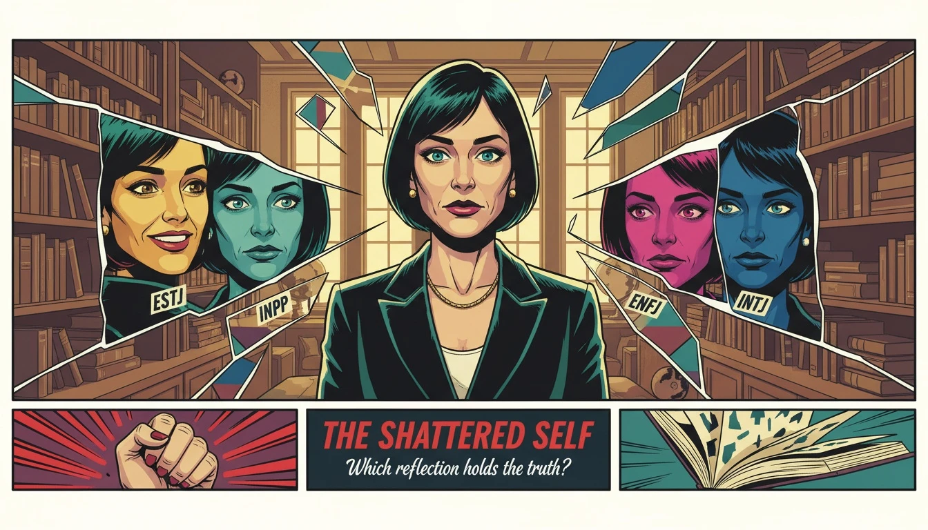 A symbolic image representing the challenge of common mbti mistypes, showing a person's fractured reflection in a shattered mirror. Filename: common-mbti-mistypes-bestie-ai.webp