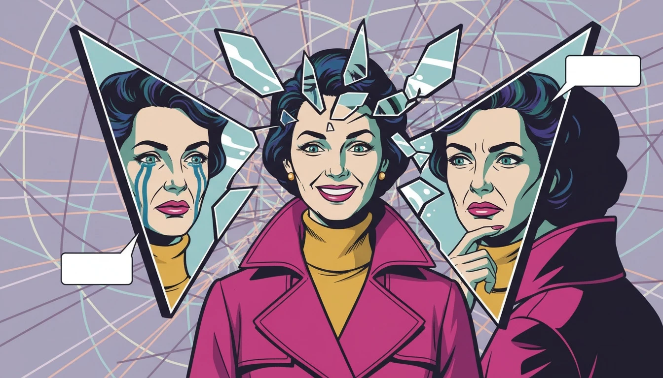 A person discovering their true self through understanding common mbti mistyping patterns, represented by a shattered mirror showing complex personality traits. filename: `common-mbti-mistyping-patterns-bestie-ai.webp`