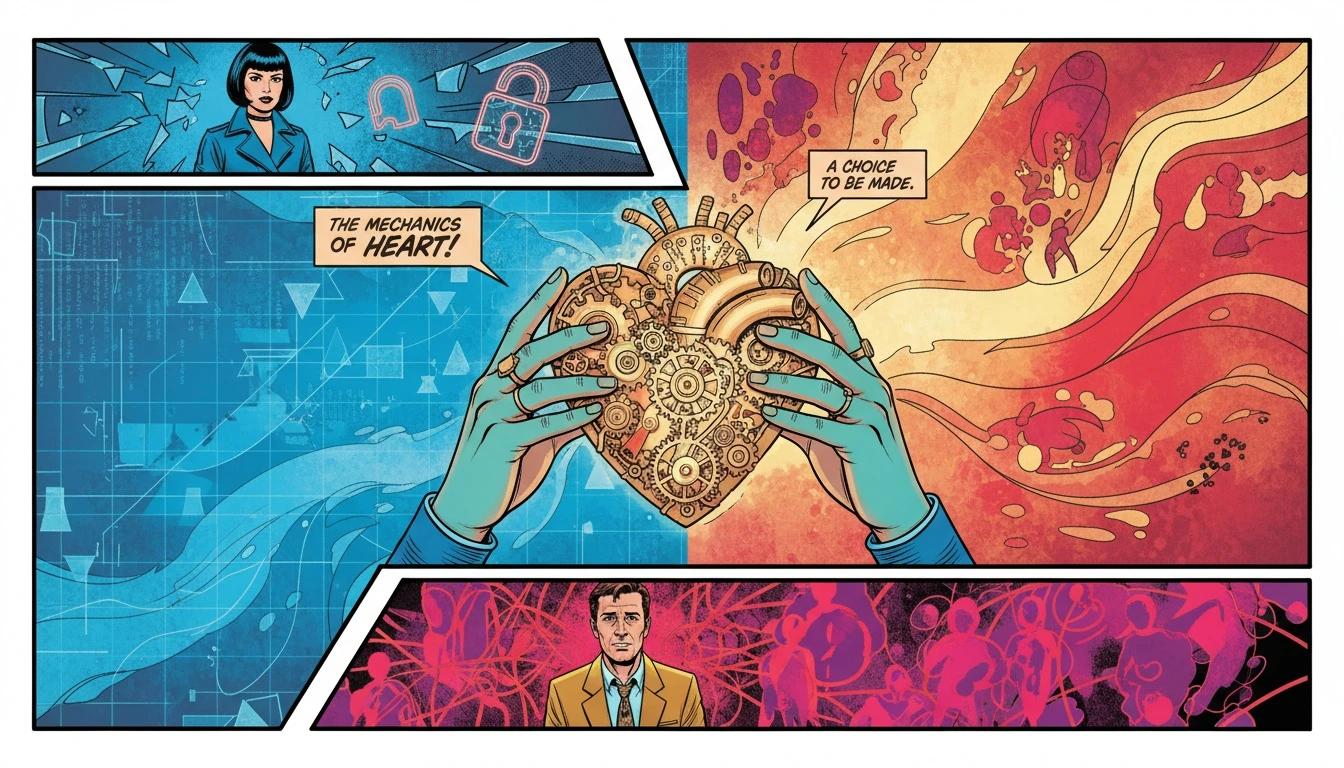 A symbolic image debunking the common misconceptions about mbti feeling types, featuring a mechanical heart that blends logic and emotion. Filename: common-misconceptions-about-mbti-feeling-types-bestie-ai.webp