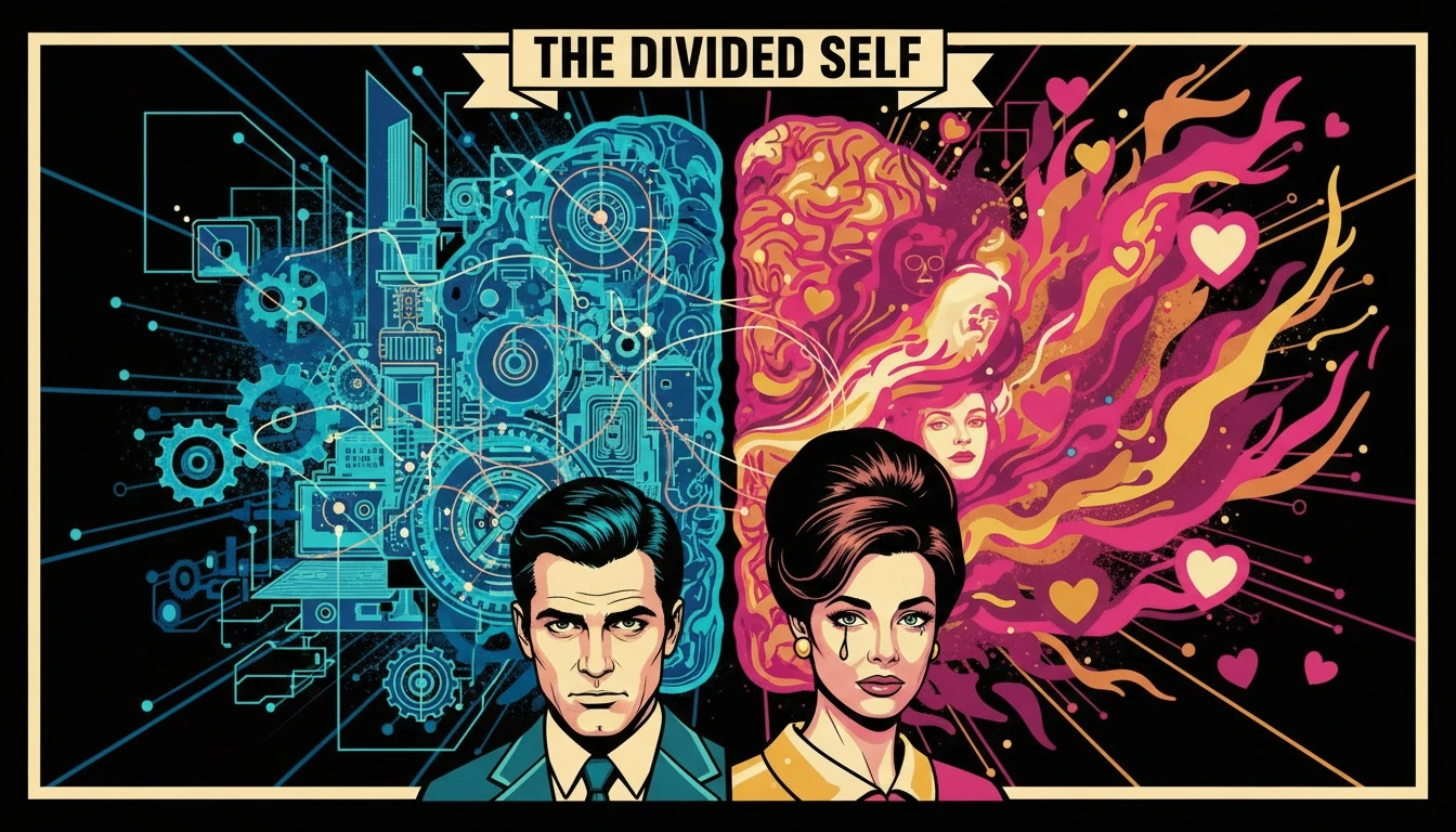 A symbolic image representing one of the common reasons for MBTI mistype: the internal conflict between the logical brain (INTP) and the value-driven heart (INFP). Filename: common-reasons-for-mbti-mistype-bestie-ai.webp