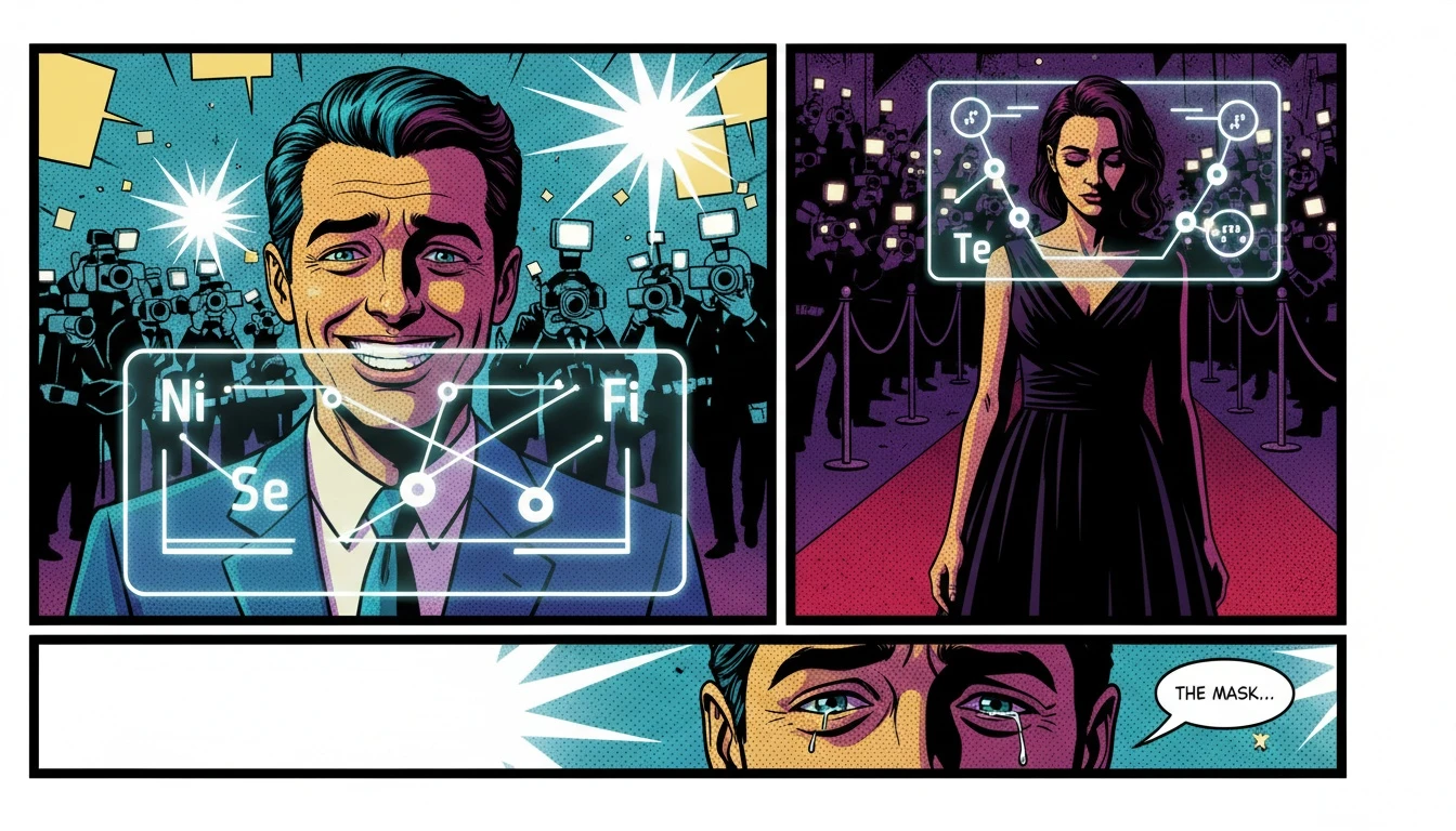 An artistic depiction of the challenge of identifying commonly mistyped celebrity mbti, showing a famous actor with a split persona between their public image and private self, with cognitive function diagrams overlaid. Filename: commonly-mistyped-celebrity-mbti-bestie-ai.webp