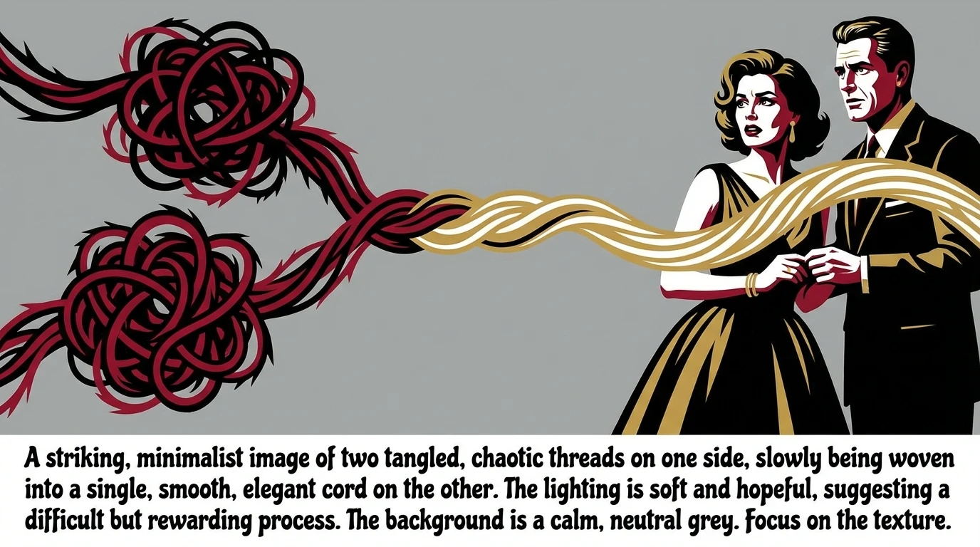 Two tangled threads becoming one, symbolizing how communication exercises for couples counseling can repair a relationship and stop repetitive fights. filename: communication-exercises-for-couples-counseling-bestie-ai.webp