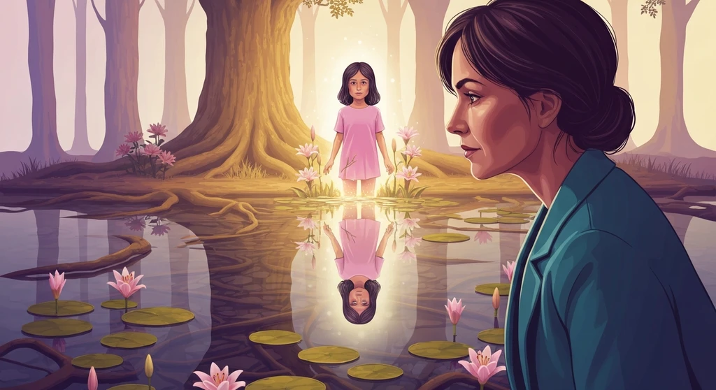 concept-of-inner-child-bestie-ai.webp - A symbolic visualization of the concept of inner child through a reflection of a woman and her younger, glowing self.