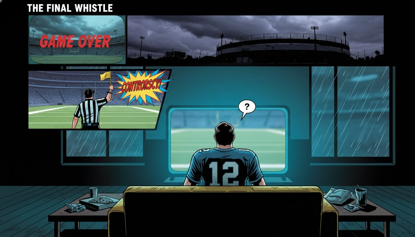 A fan in a dimly lit room reflects on a tough loss, illustrating the personal process of coping with a bad referee call. Filename: coping-with-a-bad-referee-call-bestie-ai.webp