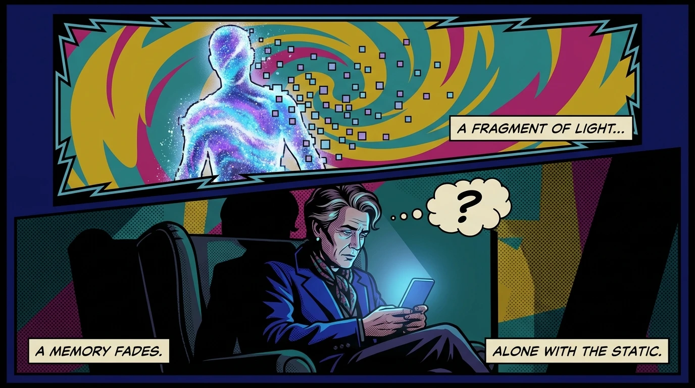 A person experiencing the emotional pain of coping with an AI shutdown, symbolized by a glowing digital companion dissolving into light. filename: coping-with-ai-shutdown-bestie-ai.webp