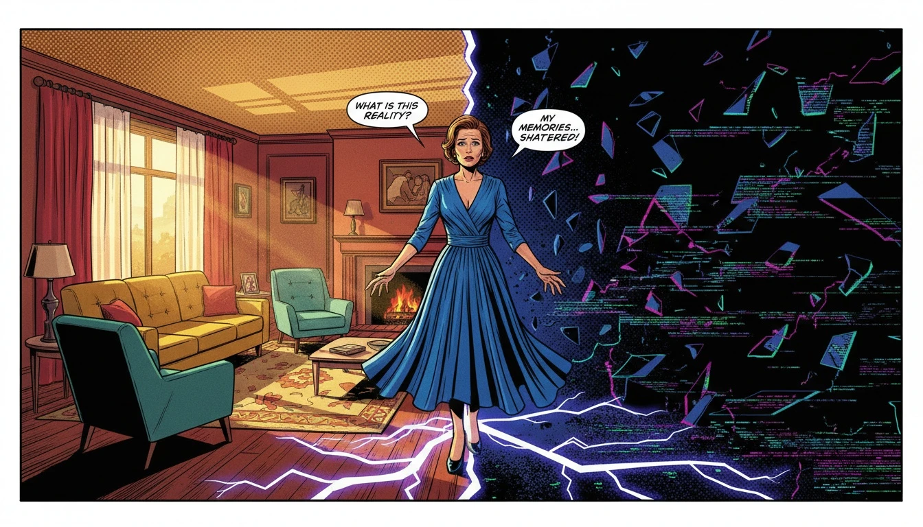 A symbolic image illustrating the struggle of coping with cognitive dissonance after breakup, showing a person caught between a happy memory and a fractured, dark reality. filename: coping-with-cognitive-dissonance-after-breakup-bestie-ai.webp