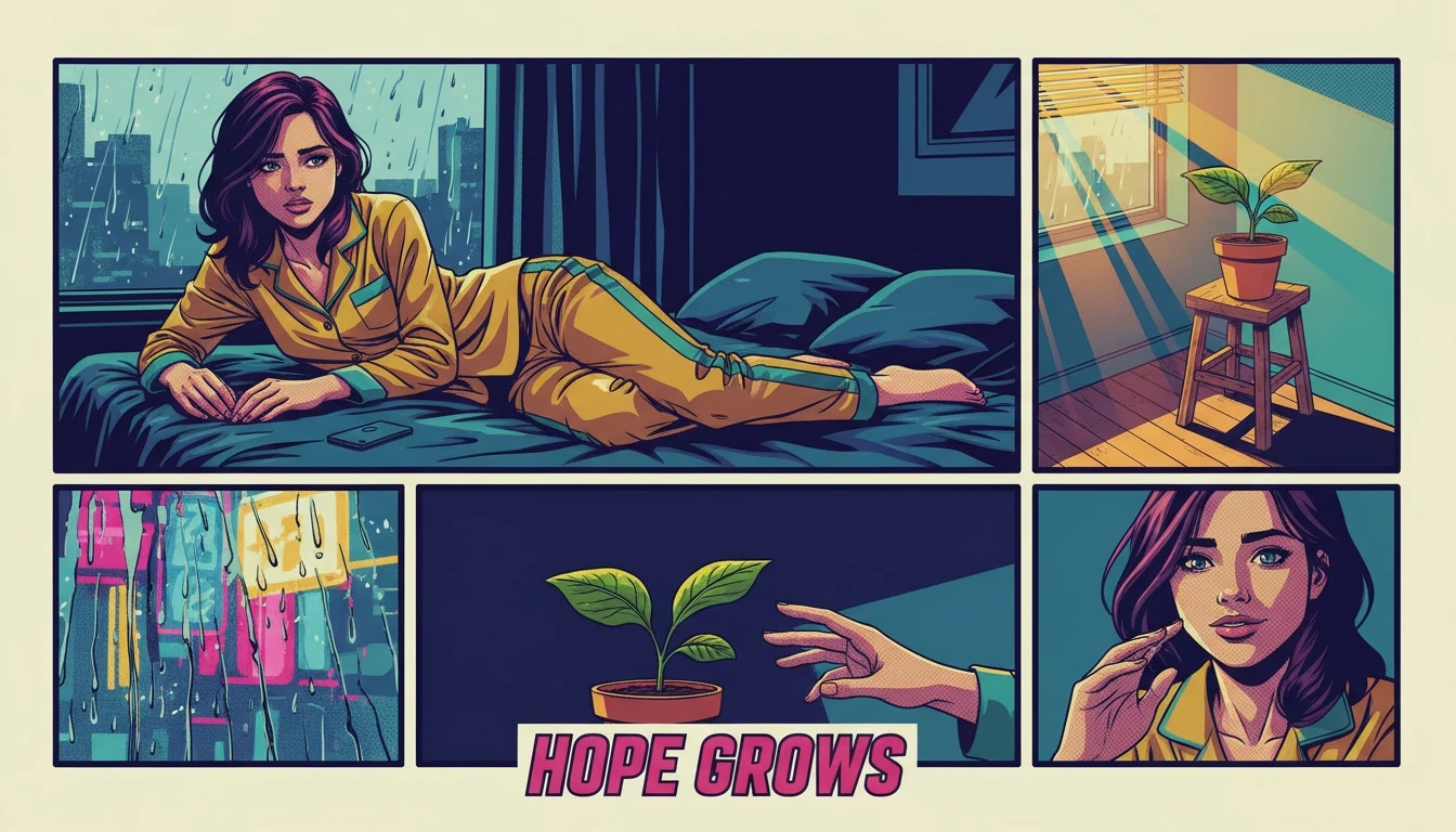 A symbolic image representing the process of coping with first heartbreak, showing a scene of quiet sadness with a hopeful element of growth. Filename: coping-with-first-heartbreak-bestie-ai.webp