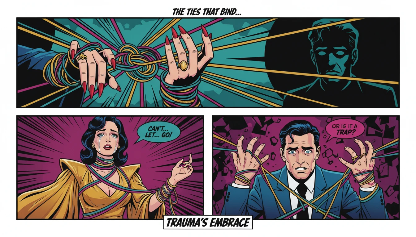 A symbolic image representing the struggle of coping with obsessive thoughts about a partner, showing hands tangled in ethereal threads connected to a shadowy figure. Filename: coping-with-obsessive-thoughts-about-a-partner-bestie-ai.webp