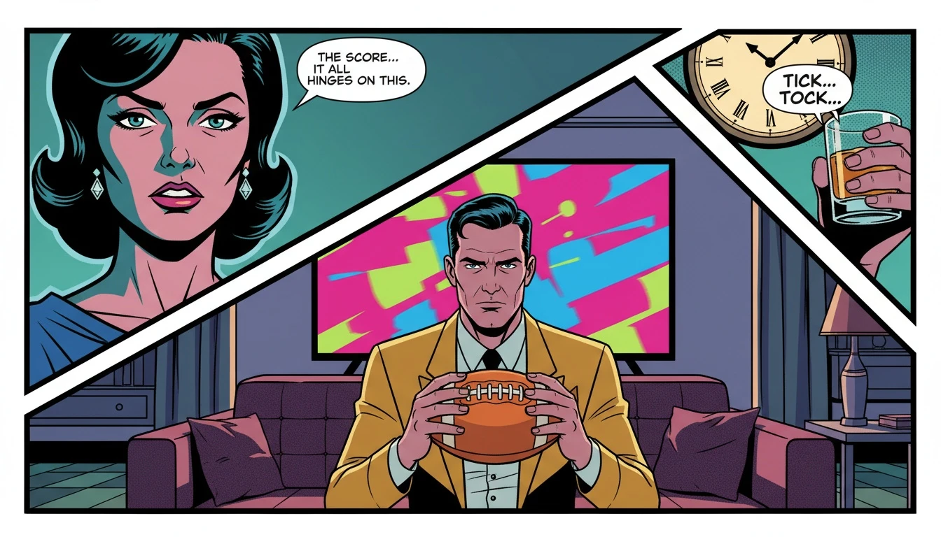 A fan is coping with sports anxiety by using a grounding technique with a football while watching a game, demonstrating how to stay calm. filename: coping-with-sports-anxiety-bestie-ai.webp