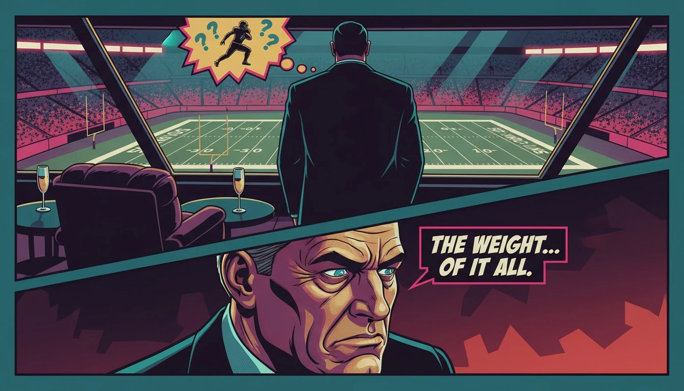 A symbolic image of Jerry Jones contemplating the Dallas Cowboys' long term franchise decisions from a lonely skybox overlooking an empty field. filename: dallas-cowboys-long-term-franchise-decisions-bestie-ai.webp