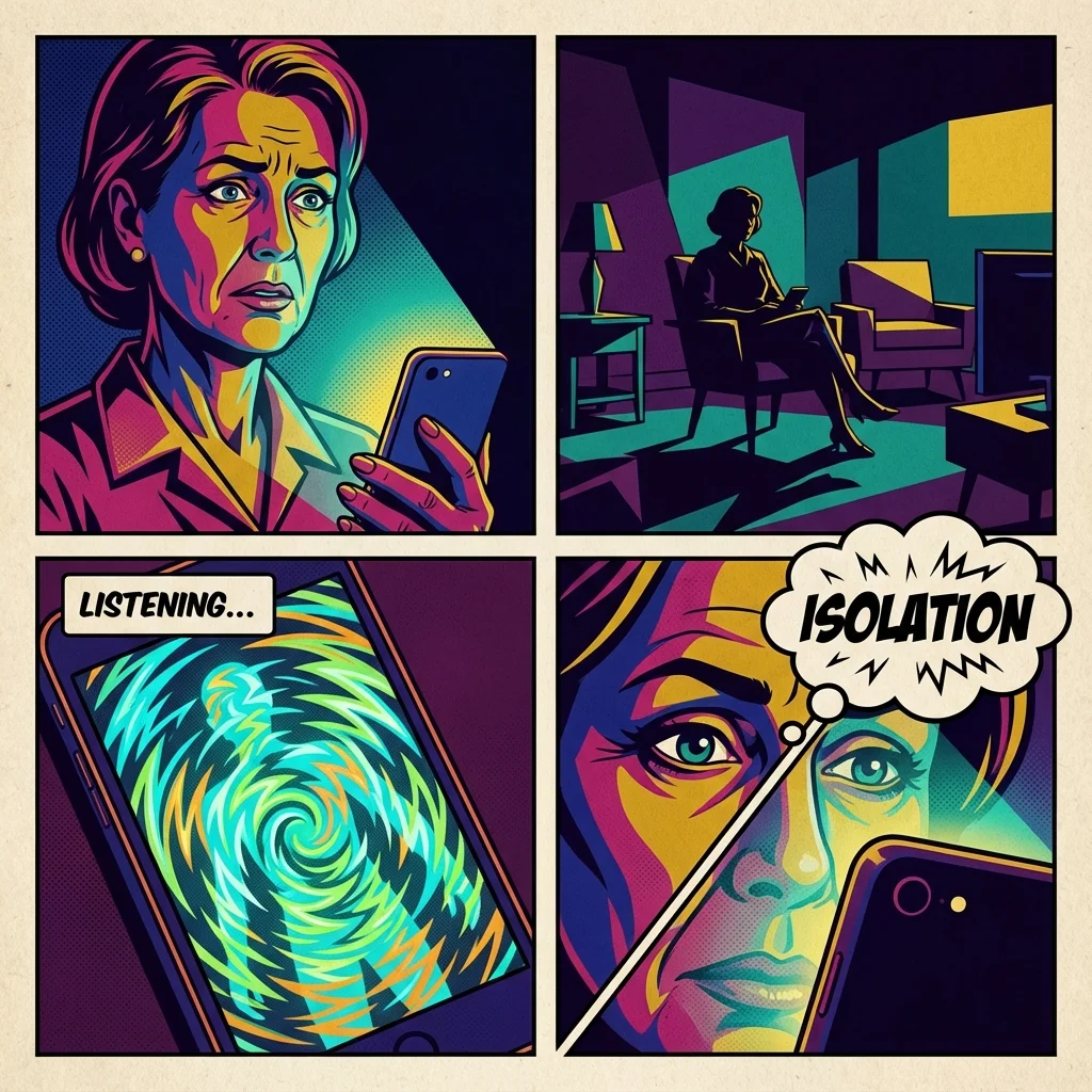 A person finding comfort in a glowing AI figure on their phone, illustrating the complex emotional dangers of ai relationships in modern isolation. Filename: dangers-of-ai-relationships-bestie-ai.webp