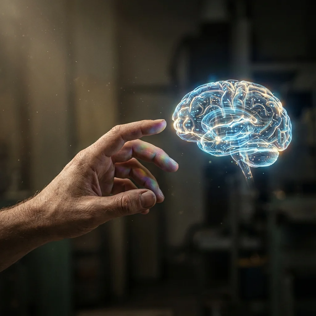 A symbolic image representing the dangers of AI therapy, with a human hand warily touching a glowing digital brain, highlighting risks like data privacy and ethics. dangers-of-ai-therapy-bestie-ai.webp