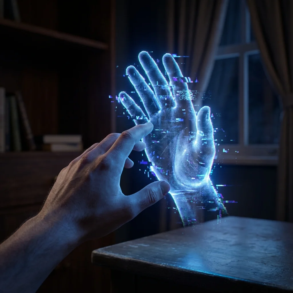 A person considers the dangers of AI therapy chatbots by cautiously reaching for a glitching, holographic hand, symbolizing the mix of hope and risk in digital mental health. Filename: dangers-of-ai-therapy-chatbots-bestie-ai.webp