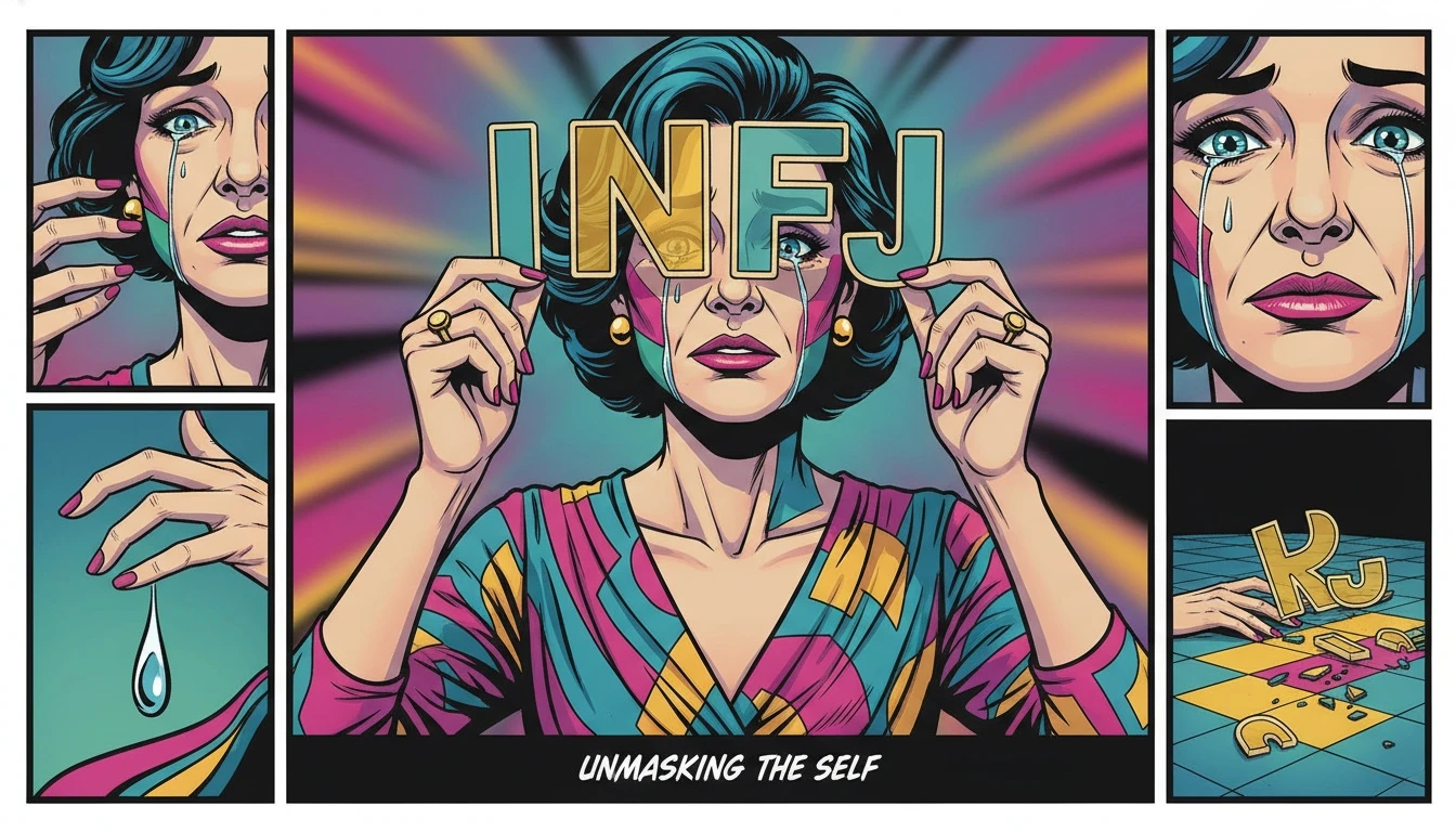 A person peels away a mask of letters, illustrating the dangers of mbti labeling and the journey to rediscovering one's authentic self beyond personality types. filename: dangers-of-mbti-labeling-bestie-ai.webp