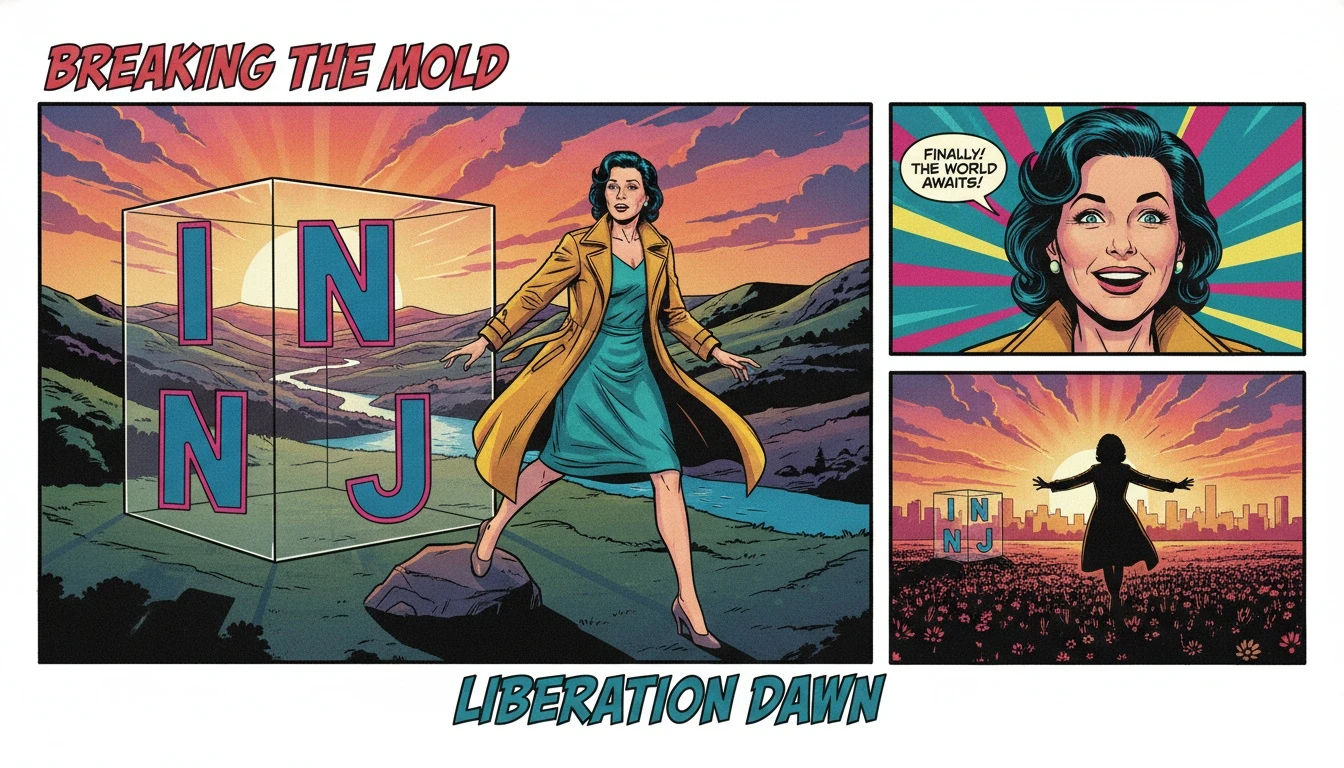 A person stepping out of a box made of personality type letters, symbolizing the dangers of using mbti stereotypes in dating and the freedom found in personal growth. Filename: dangers-of-using-mbti-stereotypes-in-dating-bestie-ai.webp