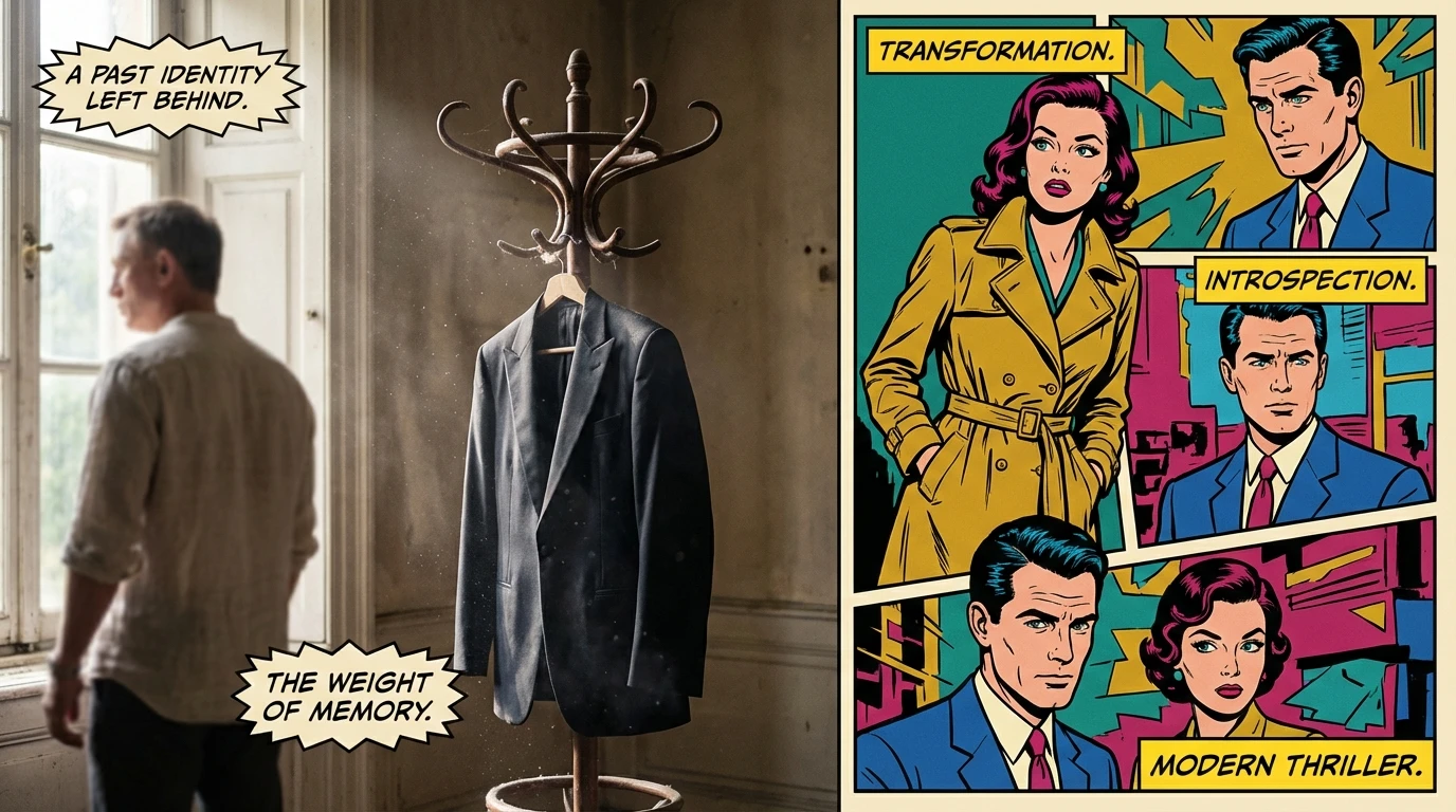 A symbolic image representing the Daniel Craig new movie Queer and his career shift, showing a tuxedo left behind as a man looks towards a new future. Filename: daniel-craig-new-movie-queer-bestie-ai.webp