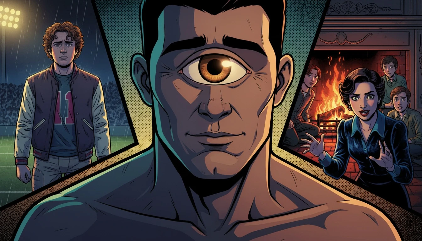 A collage representing the impressive acting range of Daniel Diemer, showing his transformation from a high school jock to the cyclops Tyson. filename: daniel-diemer-movies-tv-shows-guide-bestie-ai.webp