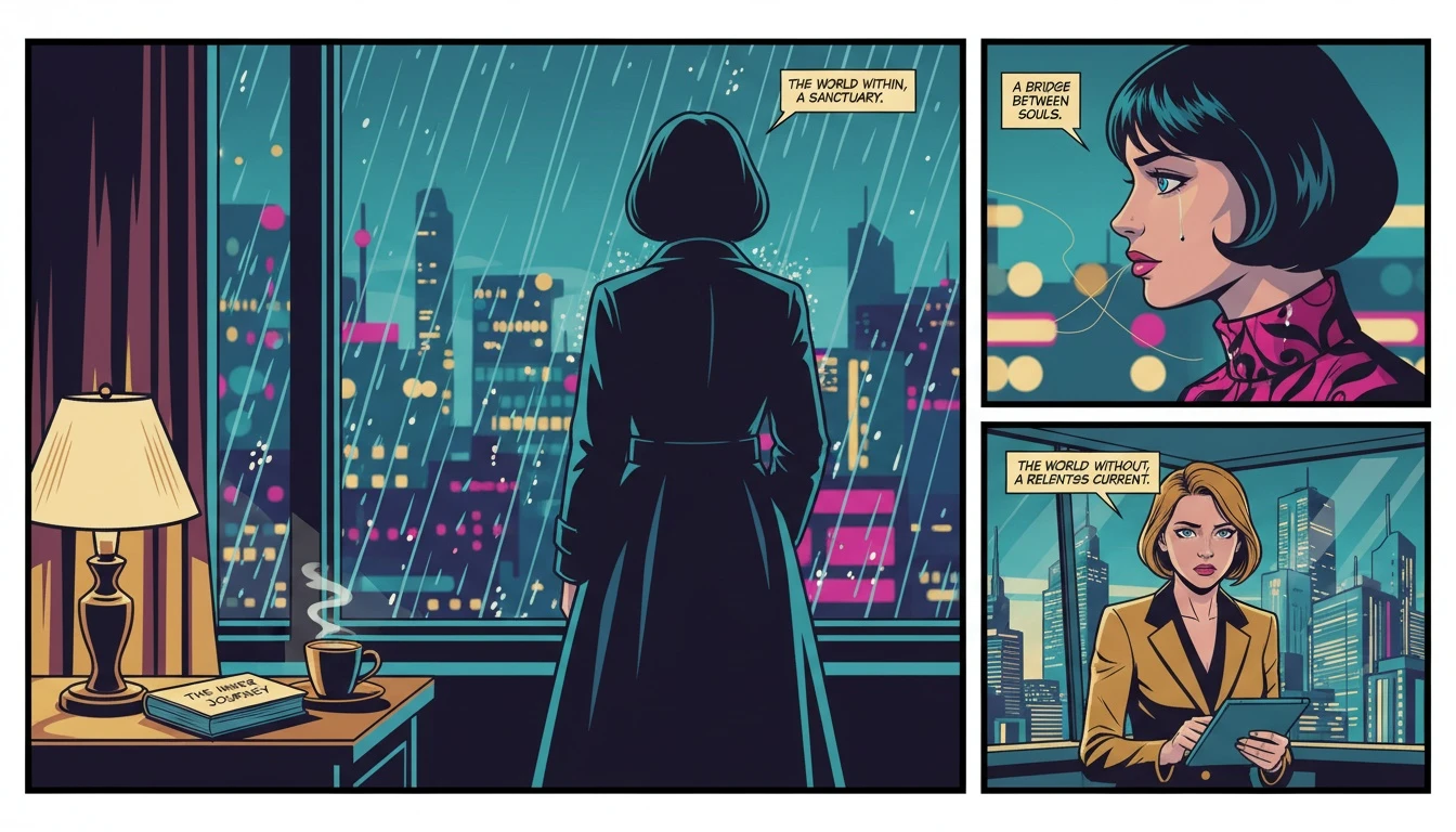 A person looks through a window at a city, representing the thoughtful inner world of someone who is dating an INFJ personality and learning about their needs. Filename: dating-an-infj-personality-guide-bestie-ai.webp