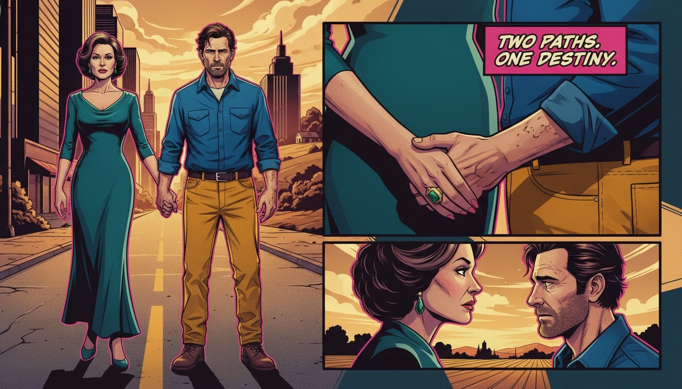 A symbolic image representing dating someone with a different background, showing a city-dressed woman and a country-dressed man holding hands at a crossroads. Filename: dating-someone-with-a-different-background-bestie-ai.webp