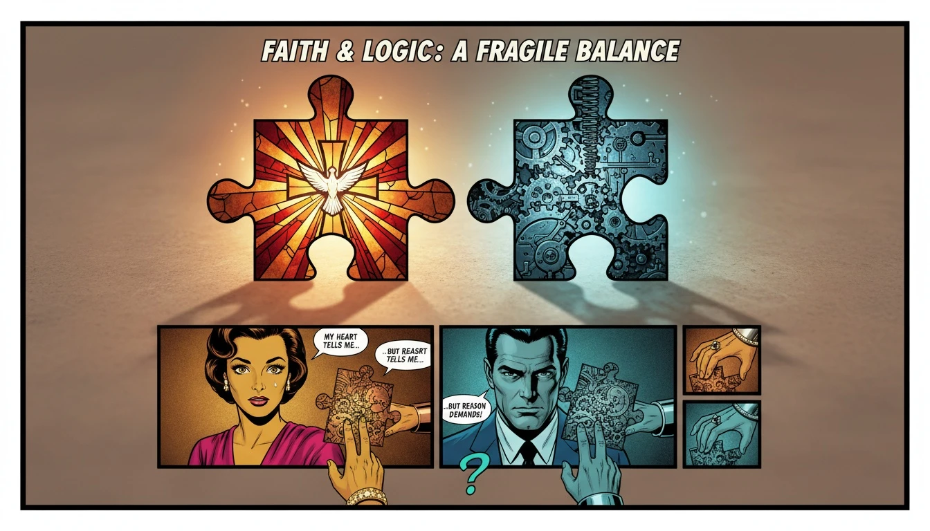 Two puzzle pieces, one of stained glass and one of metal gears, illustrating the challenges of dating someone with different religious beliefs and finding harmony. dating-someone-with-different-religious-beliefs-bestie-ai.webp