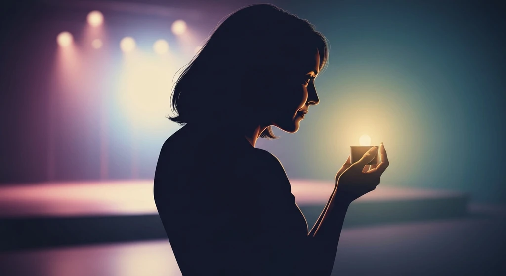 A woman turning away from a brightly lit stage, representing the challenge of dealing with a partner's famous ex, to focus on her own inner light and self-worth. filename: dealing-with-a-partners-famous-ex-bestie-ai.webp