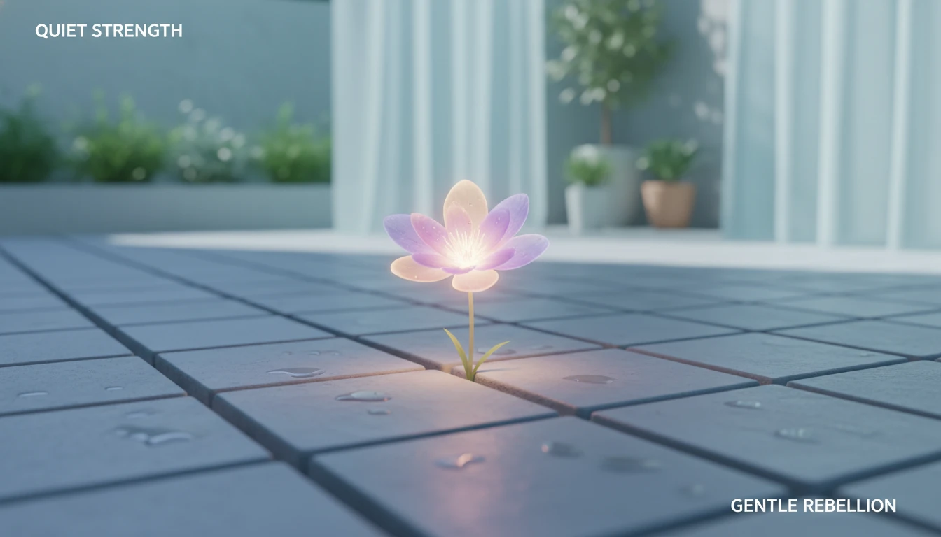 A vibrant wildflower represents an individual's dreams, breaking through the rigid stone patio that symbolizes the challenges of dealing with family expectations. Filename: dealing-with-family-expectations-bestie-ai.webp