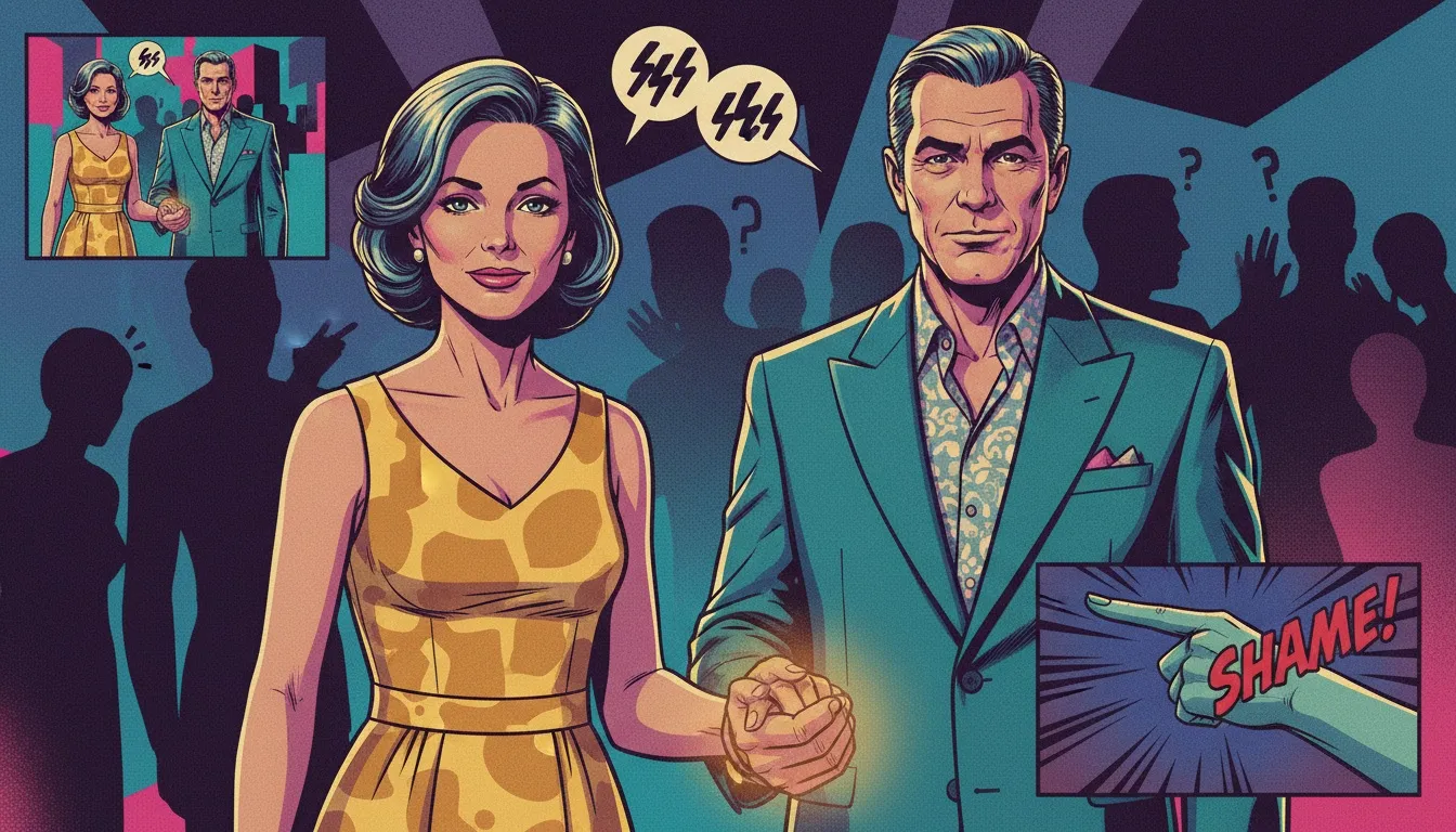 A couple holds hands, symbolizing their bond while dealing with friends who judge your partner, represented by blurry figures in the background. filename: dealing-with-friends-who-judge-your-partner-bestie-ai.webp