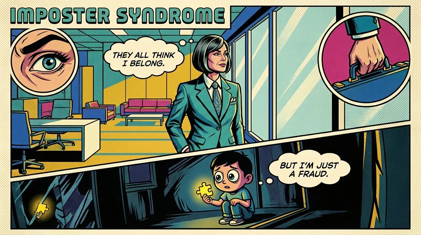 A professional looking into a window, their reflection showing a nervous child, symbolizing the feeling of dealing with imposter syndrome at work. filename: dealing-with-imposter-syndrome-at-work-bestie-ai.webp