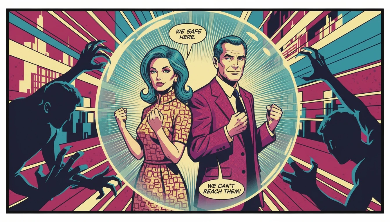 A couple creating a united front while dealing with public scrutiny in a relationship, symbolized by a protective bubble shielding them from outside judgment. Filename: dealing-with-public-scrutiny-in-a-relationship-bestie-ai.webp