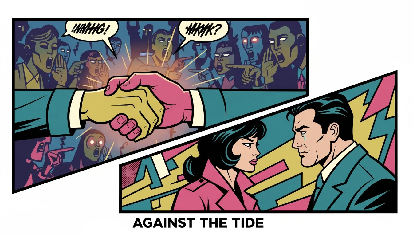 Two hands clasped together, representing a strong couple dealing with relationship criticism by forming a united front against blurred, judgmental figures in the background. Filename: dealing-with-relationship-criticism-bestie-ai.webp