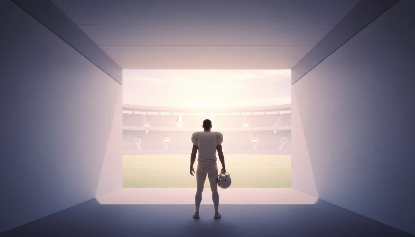 An image illustrating the career resilience of an NFL player like DeMarcus Robinson, showing a player in a neutral jersey contemplating the field from a stadium tunnel. filename: demarcus-robinson-career-resilience-bestie-ai.webp