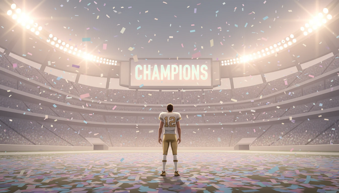 A reflective image symbolizing the Demarcus Robinson Super Bowl win, showing a player on a confetti-strewn field after the championship victory. demarcus-robinson-super-bowl-win-bestie-ai.webp