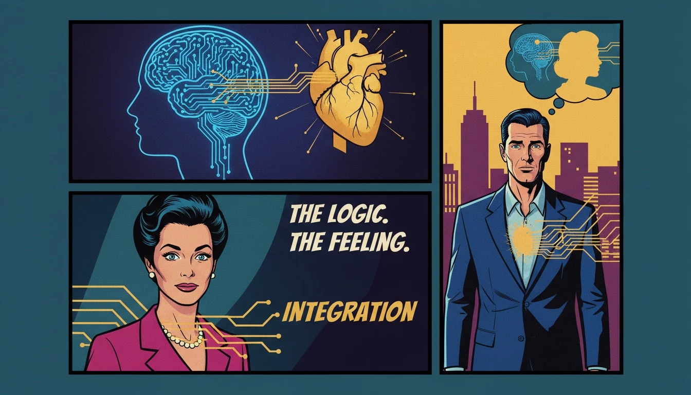 A symbolic image showing how to develop emotional intelligence for thinking types, where a warm light of emotion from the heart integrates with a glowing, logical brain blueprint. Filename: develop-emotional-intelligence-for-thinking-types-bestie-ai.webp