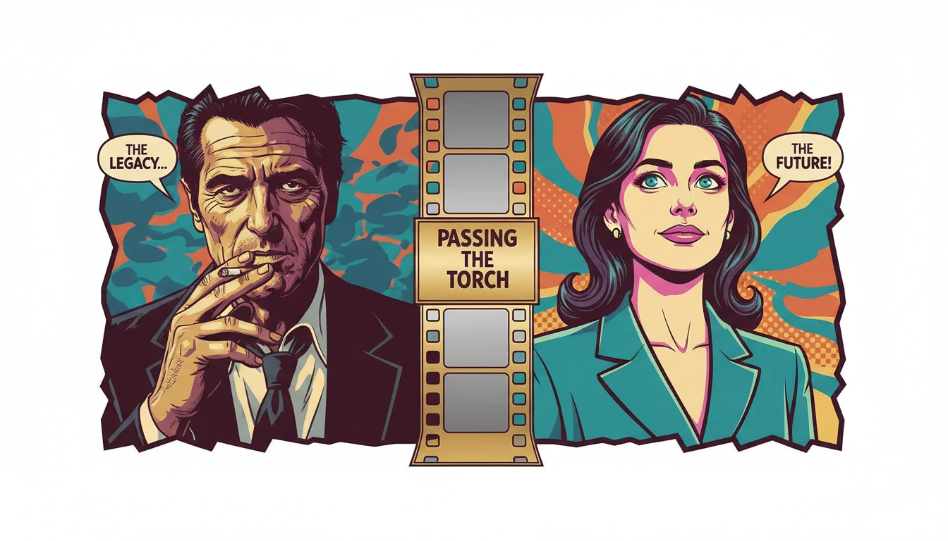 A symbolic image representing Diana Silvers acting alongside Al Pacino in the movie 'Billy Knight', showing the meeting of new and legendary Hollywood talent. filename: diana-silvers-al-pacino-movie-billy-knight-bestie-ai.webp