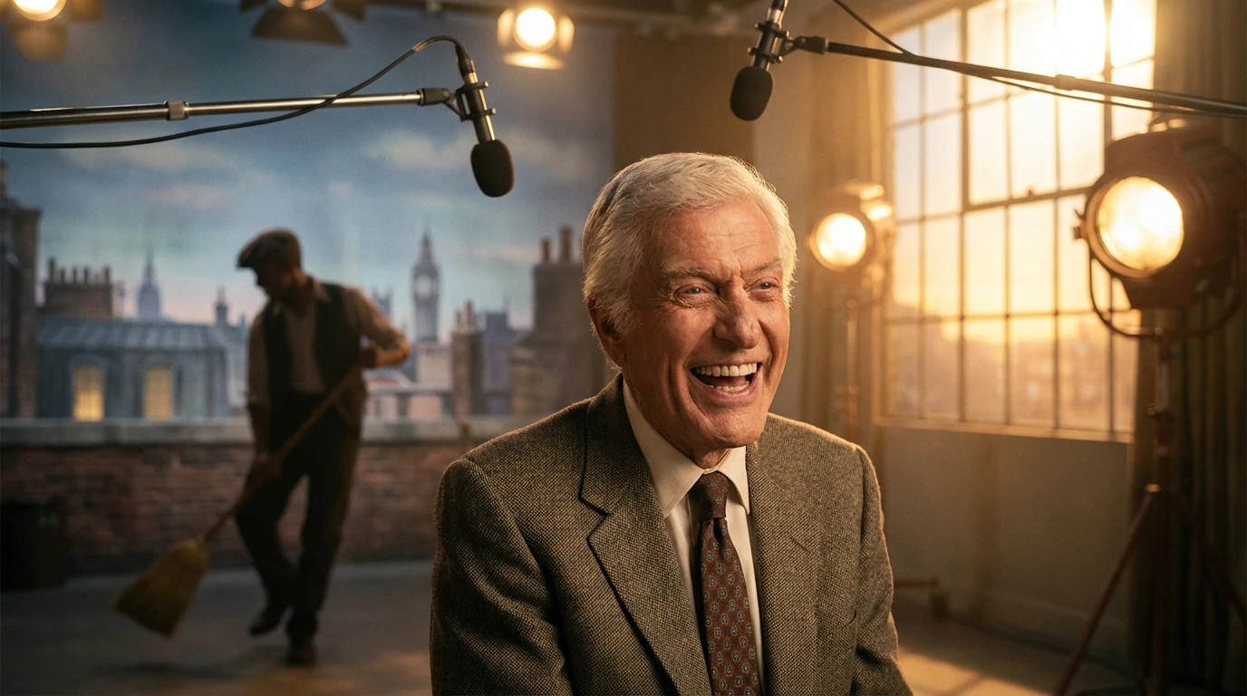 An image capturing the joyful spirit of the Dick Van Dyke biography, showing a charismatic older man on a vintage TV set, symbolizing a legendary career. Filename: dick-van-dyke-biography-bestie-ai.webp