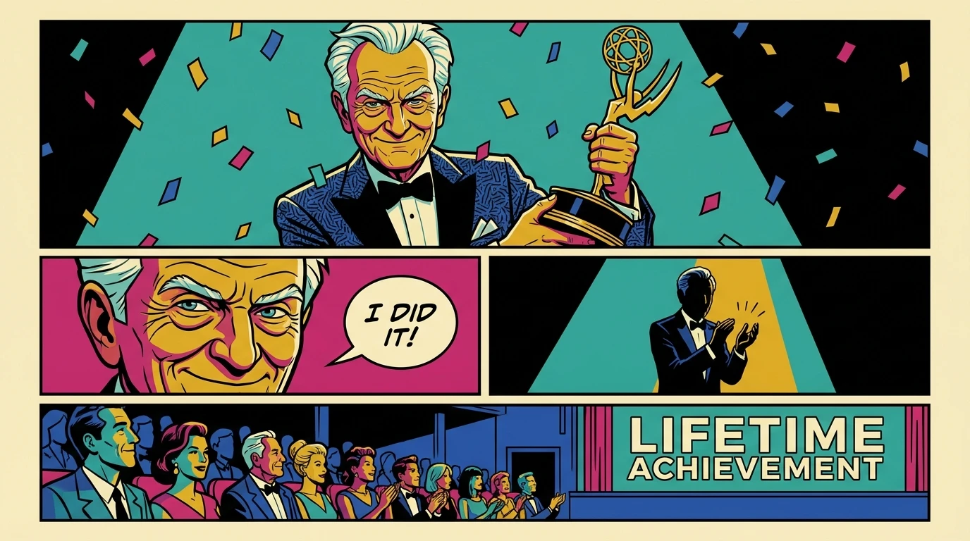 A triumphant Dick Van Dyke holding his award after his historic Daytime Emmy win, symbolizing the power of lifelong passion. dick-van-dyke-daytime-emmy-win-bestie-ai.webp