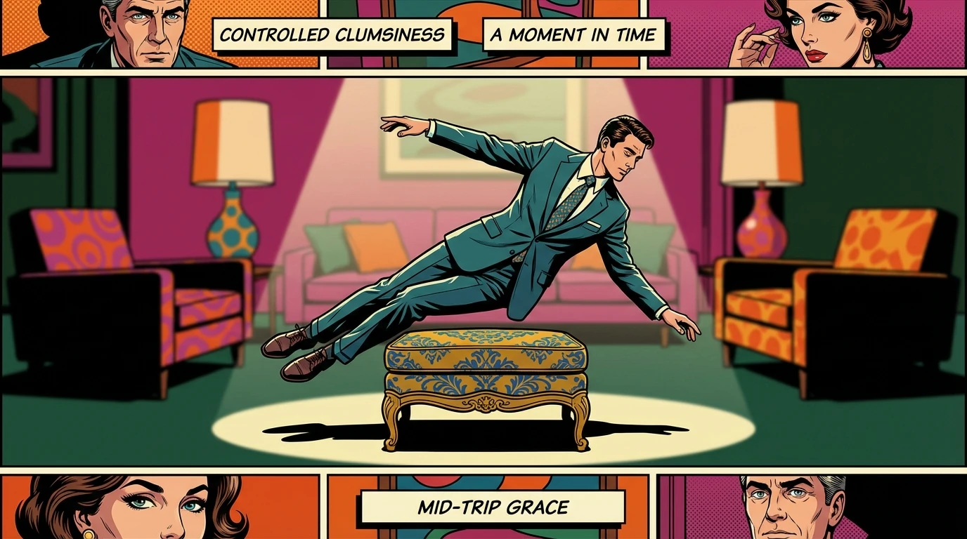 A visual metaphor for the genius of Dick Van Dyke physical comedy, showing a graceful, controlled trip over an ottoman. dick-van-dyke-physical-comedy-bestie-ai.webp