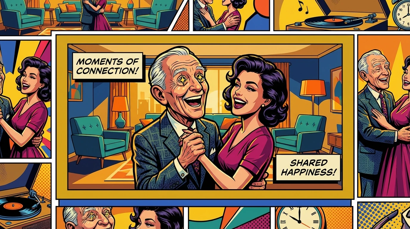 A joyous photo capturing the connection between Dick Van Dyke wife Arlene Silver, showing them dancing and laughing together, illustrating the happiness in their May-December romance. filename: dick-van-dyke-wife-arlene-silver-bestie-ai.webp