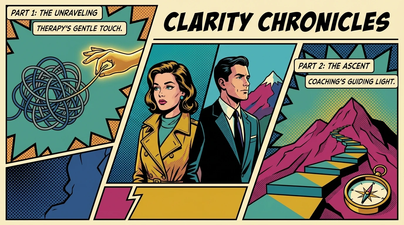 A symbolic image showing the difference between coaching and therapy, with one side showing a tangled knot being unraveled and the other showing a clear path forward. Filename: difference-between-coaching-and-therapy-bestie-ai.webp