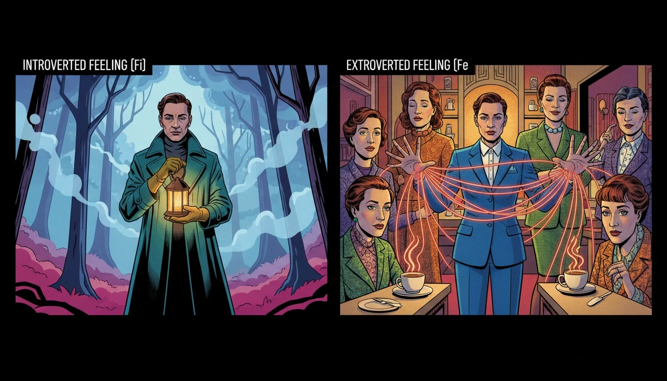 A symbolic image illustrating the core difference between INFP and INFJ, showing one person as a self-contained lantern and the other connected to a group's emotional web. difference-between-infp-and-infj-bestie-ai.webp