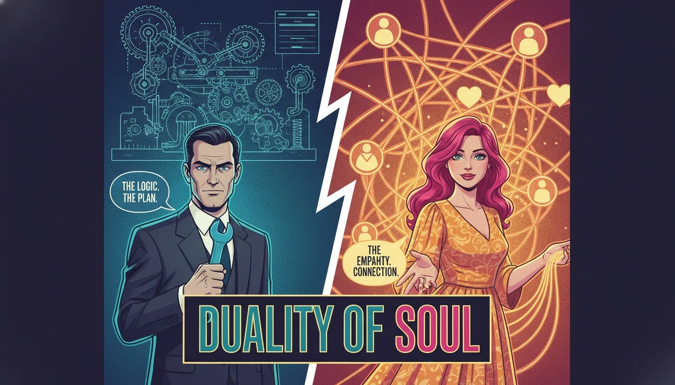 A split image illustrating the difference between INTJ and INFJ: a cold, logical clockwork blueprint on one side and a warm, interconnected network of human energy on the other. filename: difference-between-intj-and-infj-bestie-ai.webp