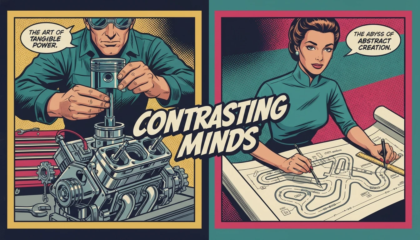 A split image illustrating the difference between ISTP and INTP: on one side, hands-on mechanical work on an engine, and on the other, the theoretical design of a racetrack blueprint. Filename: difference-between-istp-and-intp-bestie-ai.webp