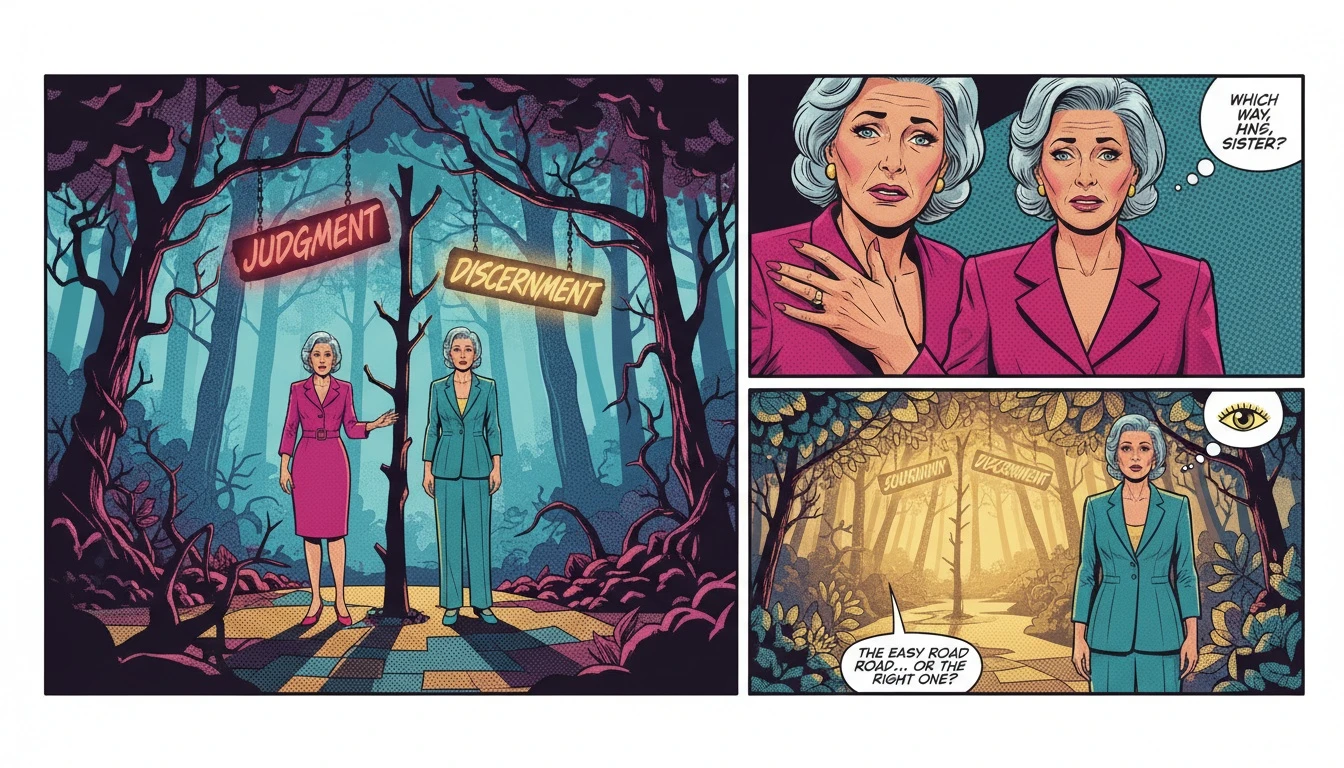 A person stands at a fork in a forest, illustrating the difference between judgment and discernment as two separate paths. One is dark and thorny, the other is clear and sunlit, symbolizing the choice between harsh criticism and wise choices. difference-between-judgment-and-discernment-bestie-ai.webp