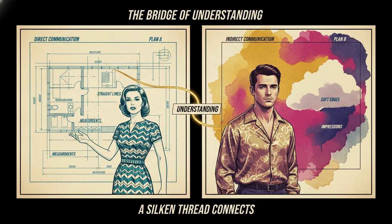 A symbolic image representing direct vs indirect communication styles mbti, with a structured blueprint on one side and a fluid watercolor on the other, connected by a thread of understanding. filename: `direct-vs-indirect-communication-styles-mbti-bestie-ai.webp`