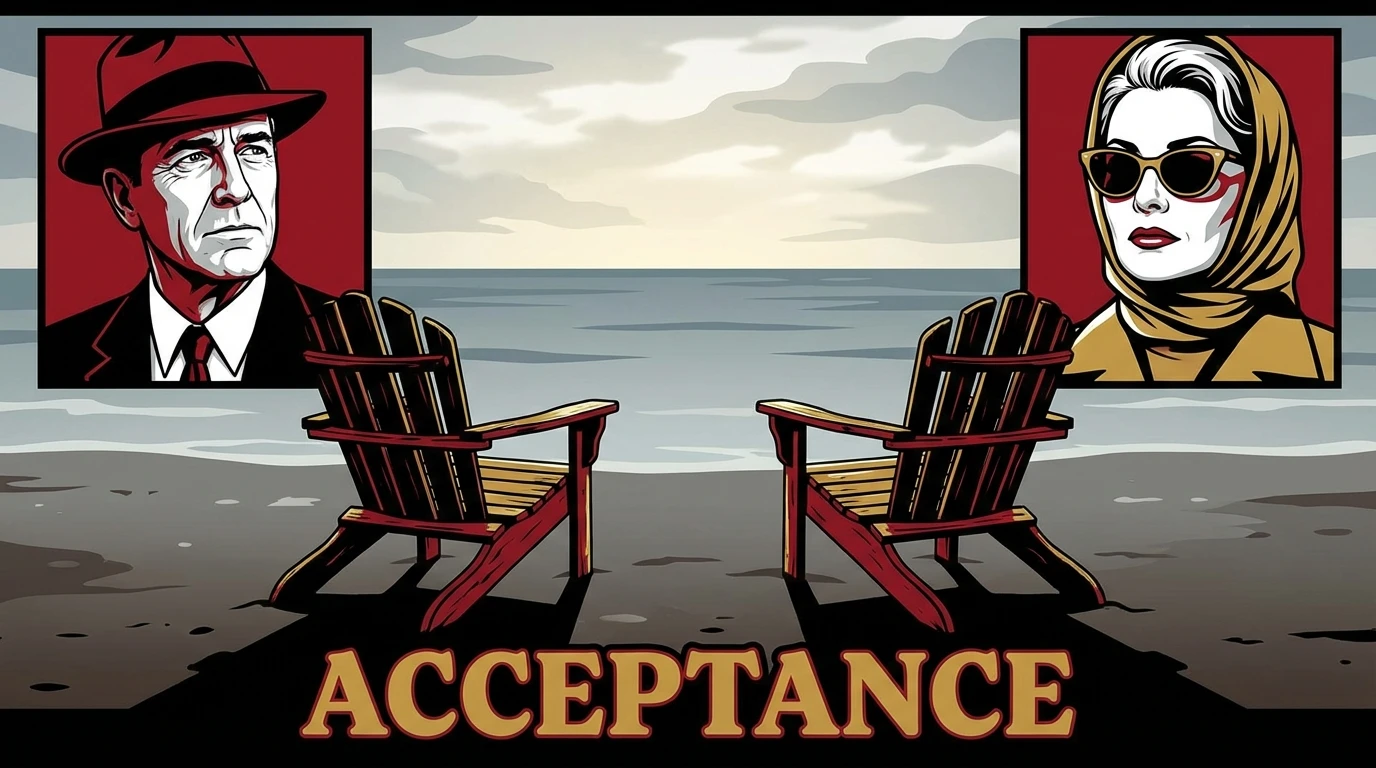 Two empty chairs on a beach representing the peaceful outcome of discernment counseling vs marriage counseling, a path to amicable separation. filename: discernment-counseling-vs-marriage-counseling-bestie-ai.webp