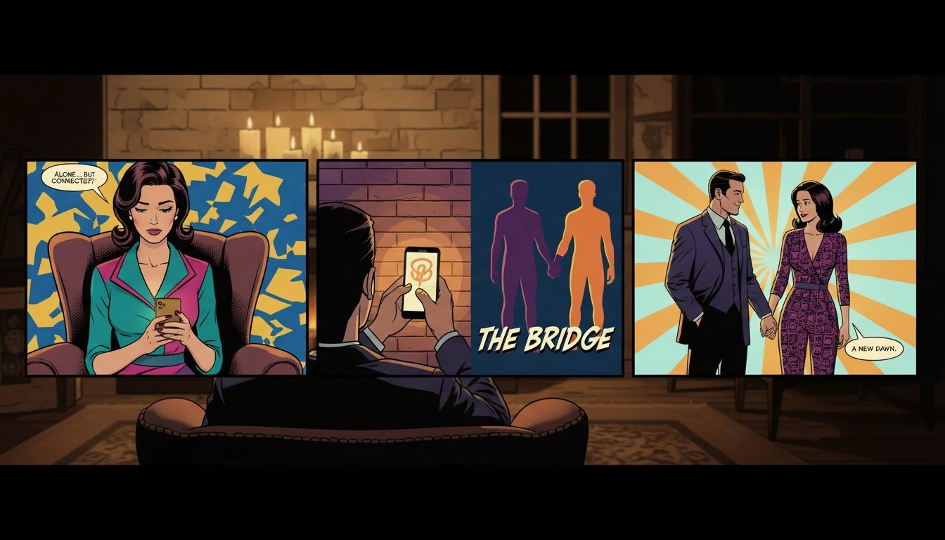 A person holding a glowing phone, considering whether do AI companions increase loneliness, sees the light cast a shadow of two people holding hands, symbolizing AI as a social bridge. File: do-ai-companions-increase-loneliness-bestie-ai.webp