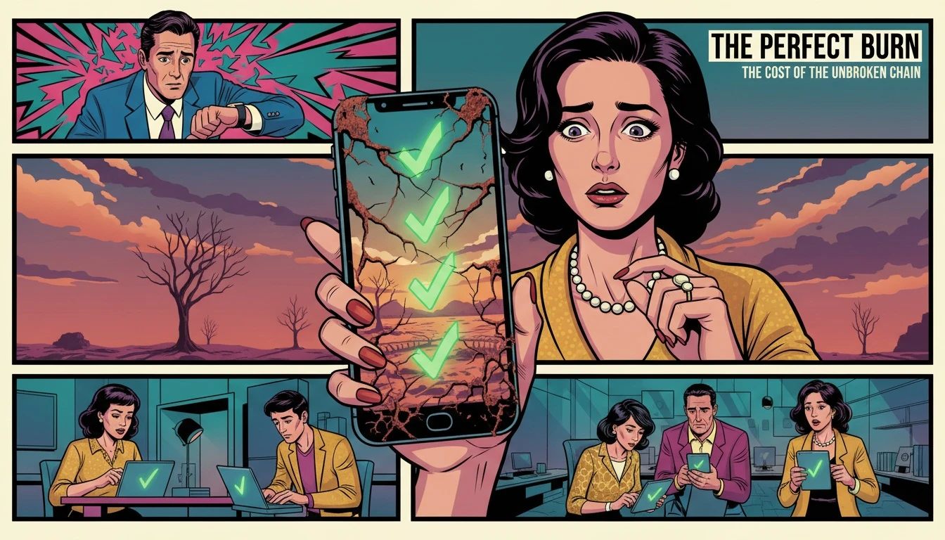 A symbolic image exploring the question 'do habit tracker apps work?' by showing a glowing, perfect streak on a phone that is cracking to reveal a sense of burnout and emptiness, representing the psychology of habit formation. filename: do-habit-tracker-apps-work-bestie-ai.webp