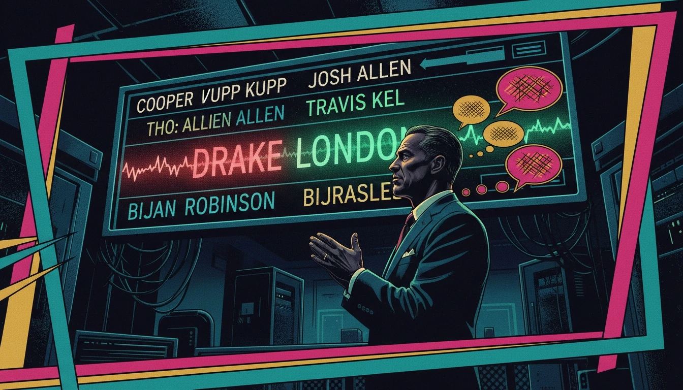 A symbolic representation of the fluctuating Drake London dynasty value, depicted on a stock market-style ticker board, illustrating the strategic decisions fantasy managers face. filename: drake-london-dynasty-value-bestie-ai.webp