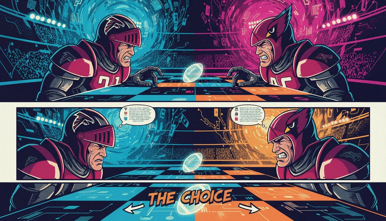 A strategic visual representing the Drake London vs Marvin Harrison Jr fantasy football decision, with two armored football players on a chessboard. drake-london-vs-marvin-harrison-jr-fantasy-bestie-ai.webp